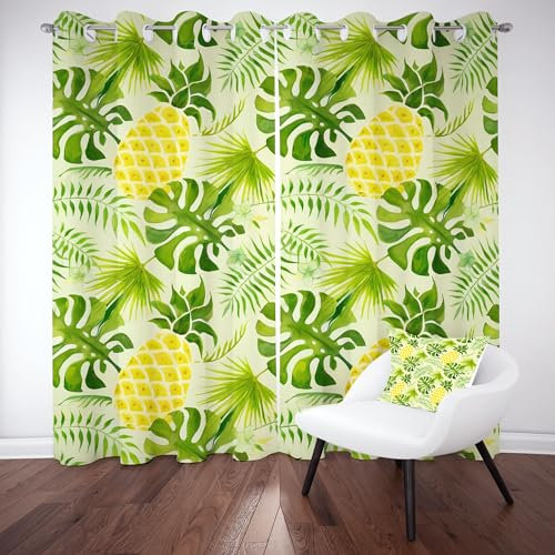 Tyafsgvqo Frücht Ananas Vorhange Blickdicht 2er Set, Monstera Palmenblätter Gardinen mit Ösen Sommer Tropisch Obst Verdunklungsvorhänge 90 cm Lang 65 Breit Thermovorhang Wohnzimmer Schlafzimmer
