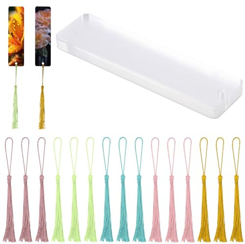 Acryl-Lesezeichen Rohlinge, 15 Stück Lesezeichen Personalisiert mit Bunten Quasten, Blanko Bookmark, Transparentelesezeichen, Chinesischer Stil Anhänger Lesezeichen für DIY Abschluss Geschenkanhänger