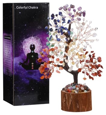 JSDDE Bonsai Arbre de Vie en Pierres Naturelles avec Base en Bois Feng Shui Arbre du Bonheur 7 Chakra Pierres et Cristaux Précieuses Tronc Résine Ornement Décoration Guérison Reiki Spirituel 22-23cm