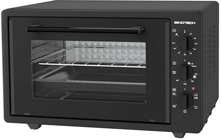 Sinotech Forno Elettrico Ventilato, 38 Litri, Pareti Smaltate, Doppio Vetro, Timer 90 Minuti, 5 Livelli di Cottura,1300W, con Griglia Metallo e Leccarda Smaltata, Termostato 0-230°C