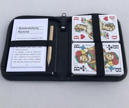 Generisch Romme Karten JCS Edition 2 x 55 Karten Format 59 x 91 mm + Bleistift + Block + Regelheft, im Edlen schwarzem Kunstleder Etui ebenso für Canasta und Bridge Jumbo Index