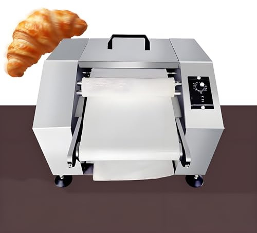 Máquina para laminar masa de croissant, con ajuste automático de grosor de 0,07 a 0,2 pulgadas, para panificación y restaurantes.