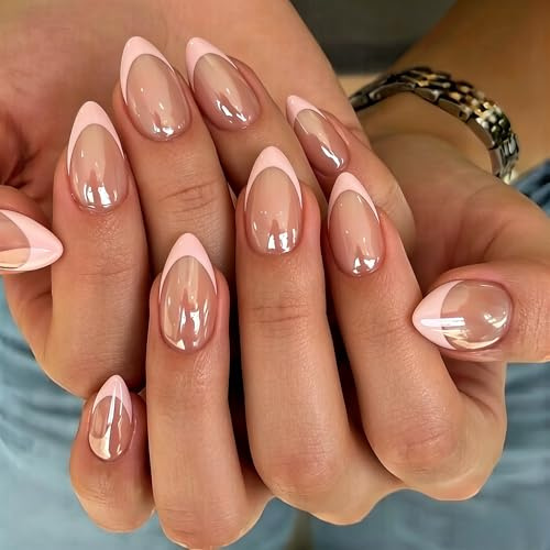 KQueenest Chrome Light Pink French Tip Press on Nails Short Almond, Shiny Soft Gel False Nails with Glazed Sparkle Finish, 30 Pcs Artificial Fake Nails Short Stiletto, Reusable Thick French Nail Set