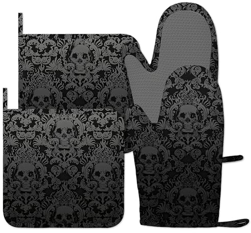 Black Skull Oven Gloves Silicone Oven Mitts and Pot Holders Sets of 4, Vintage Kitchen Gloves Hot Holders for Kitchen Baking Cooking Housewarming Gifts