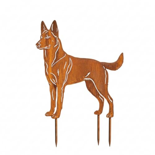 Kapaga - Edelrost Gartenstecker Belgischer Schäferhund (Malinois) Rost Hund | Gartendeko für Draußen - stabile Metall Gartenfigur 42x37cm - Wetterfest für Beet Terrasse