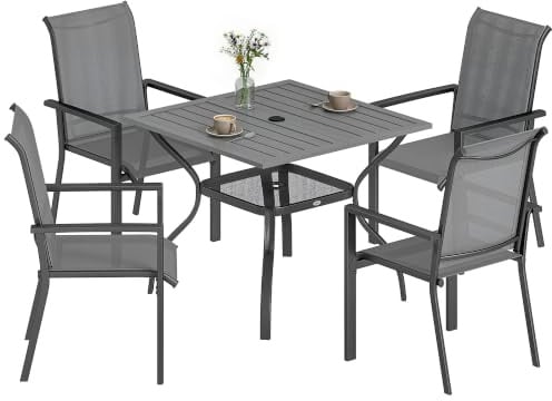 Outsunny Set Tavolo e Sedie da Giardino 5 Pezzi Set da Pranzo Grigio | Foro per Ombrellone, 4 Sedie Impilabili in Texteline, Struttura in Acciaio, per Terrazza Patio