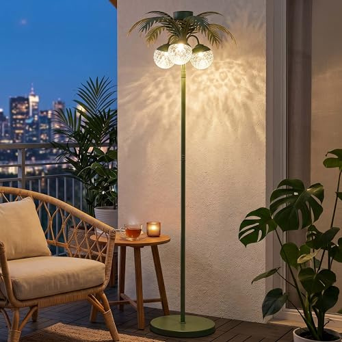 ELBLIGHT LED Solar Palme Stehleuchte Outdoor LED Gartenlampe mit Dämmerungssensor warmweiß 3000K IP44 wetterfest Balkon Terrasse Garten Solarleuchte mit Akku Metall