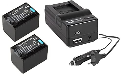 3in1 Set per il Sony FDR-AX53 / AX53 Ultra HD Camcorder - 2 Premium cellulari Sony NP-FV70 (1600 mAh) + 4 in1 caricatore (u.a. con USB/Micro USB e Caricabatteria da auto/Auto)