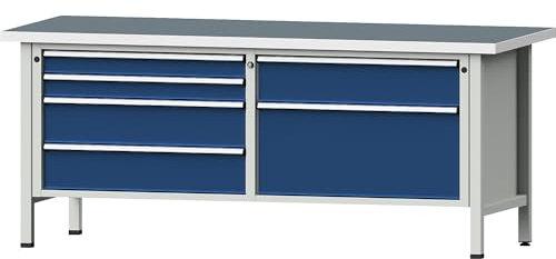 Werkbänke 2000 mm breit, Gestellbauweise, 6 Schubladen, Universalplatte, Höhe 840 mm.