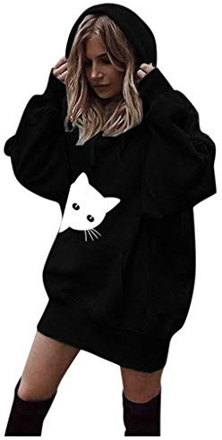 Xmiral Damen Sweatshirt Mode Baumwolle Einfarbig Kleidung Hoodies Kordelzug Pullover Mantel Lange Hoody (M, Y Schwarz)
