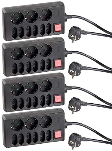revolt Multistecker: 4er Pack 9-Fach-Steckdosenleiste mit beleuchtetem Netzschalter, (Verteilersteckdose mit Schalter, Steckdose)