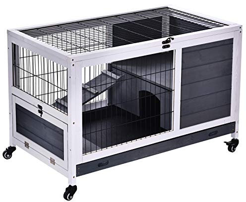 PawHut Clapier à Lapin sur roulettes Cage à Lapin 2 étages Porte verrouillable Toit ouvrant Plateau Coulissant Rampe Bois de Sapin Gris Blanc