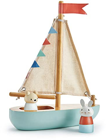 Tender Leaf Toys Segelboot aus Holz mit Wimpelkette und Zwei tierischen Matrosenpuppen - fantasievolles Spielen und Sprachentwicklung für Kinder