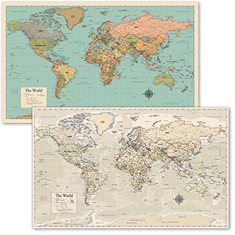 2 Stück – Weltkarte [Tan/Farbe] & Antik Stil Weltkarte – Set mit 2 Postern (laminiert, 45,7 x 73,7 cm)