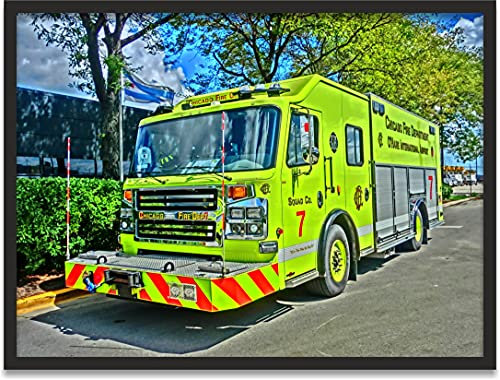 FEUER1 Kunstdruck Chicago Fire Dept. Squad 7 - Chicago O'Hare Interntional Airport im schwarzem Rahmen 80 x 60 cm