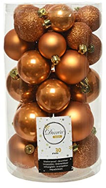 Decoris Christmas Baubles Plastic 4 cm - 6 cm Mix 30 Pieces with Glitter Amber