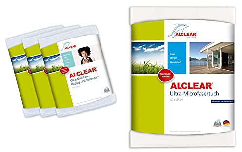 ALCLEAR 950003i Ultra-Microfaser Displaytuch für iPhone, iPad und iPod, 19x14 cm, weiß, 3er Set & 950001 Microfaser Fenstertuch & Chrom - 40x45 cm, Weiss