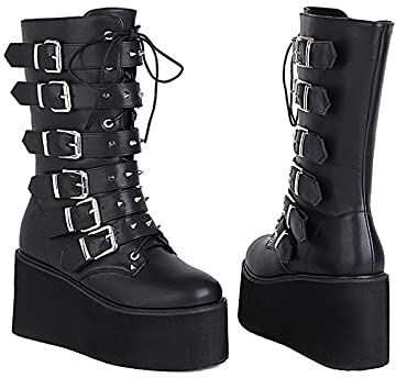 QAZW Plateau-Nietstiefel für Damen, mit Nieten besetzt, mittlere Wade, Kampfstiefel, klobiger Absatz, runde Zehenpartie, schwarze Gothic-Stiefel mit Schnalle, schwarz-41