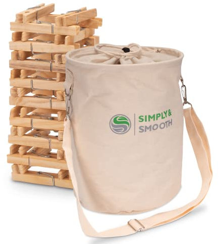 SimplySmooth XXL Wäscheklammerbeutel inklusive 50 Wäscheklammern aus Holz – Klammerbeutel aus 100% Baumwolle mit extra großen Karabinern zum Aufhängen - Wäscheklammerkorb mit Verschluss