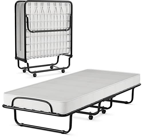 COSTWAY Cama Plegable 80 x 190 cm, Colchón Memory Foam, Robusto Marco Metálico en U, 4 Ruedas Universales, Cama Supletoria Plegable, Cama Individual para Cuarto de Herramientas