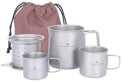 iBasingo Portable Travel Tea Set with Carry Bag for Adults Ultralight Stackable 500ml Outdoor Camping Titanium Teapot with Detachable Filter 120ml 180ml Mug Hiking Backpacking Drinkware Ti3127D