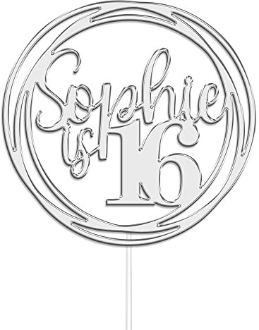 Personalised Round Happy Birthday Acrylic Cake Topper by KreateSquare | Custom Colour Any Name & Any Age Acrylic Cake Decoration for 1st 10th 16th 18th 20th 21st 30th 40th (Silver)