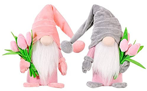 Lomelomme Niedliche Wichtel mit Tulpen Blumensträuße Frühling Plüsch Figuren Puppe Süßer Zwerg Wichtel Figuren Geschenk für Frauen Mama Hochzeitstag Freundin Ehefrau Muttertag Dankeschön (Rosa+Grau)