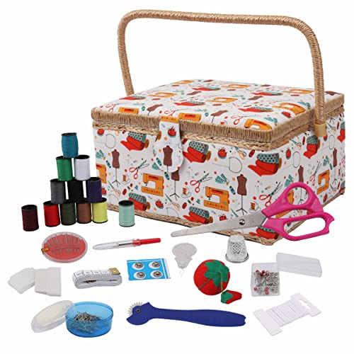 Sewing Basket, Classic Fabric Design Sewing Kit Accessories Large Sewing Box Sewing Supplies Organizer and Storage Portable Sewing Kit Embroidery Box, 12.2 x 9.06 x 6.69 in(Big/Sewing Theme White)