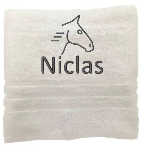 Personalisiertes Handtuch mit Namen Schön gestickter Sport Name Handbadetuch 100% Baumwollhandtuch Sportliche Motive Personalized Custom Towel with Name (140 x 70 cm, Pferd)