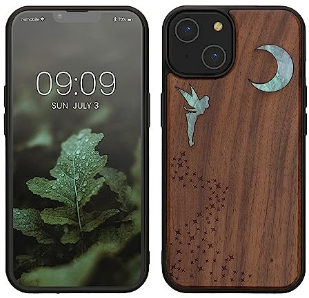 kwmobile Custodia Compatibile con Apple iPhone 14 Cover - Back Case in Legno con Bumper in Silicone TPU - Fatina Luna Madreperla marrone scuro