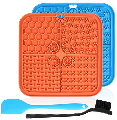 Leckmatte für Hunde und Katzen, Hunde-Leck-Pads, 2 Stück Pet Slow Feeder Schalen mit Silikon-Spatel und Bürste, Saugnapf Haustier Leckmatte für Hund Baden, Training, Grooming & Krallenpflege