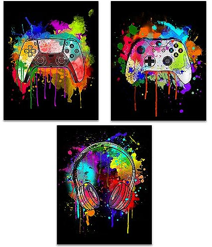 HerZii Prints Aquarell-Gaming-Poster, 3er-Set (20,3 x 25,4 cm), Jungenzimmer-Wanddekorationen für Schlafzimmer, Spielzimmer-Zubehör, Gamer, Jungen, Jugendzimmer, Wandkunst, Spielzimmer-Dekoration,