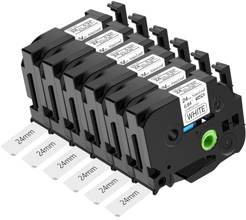 NineLeaf 6 Pack Replacement for Brother P-Touch TZe-251 TZ-251 TZe251 TZ251 AZe 24mm 0.94'' 8m Laminated Black on White Label Tape Cassette for Ptouch PT-9400 9500PC 9600 9700PC 9800PCN Label Maker