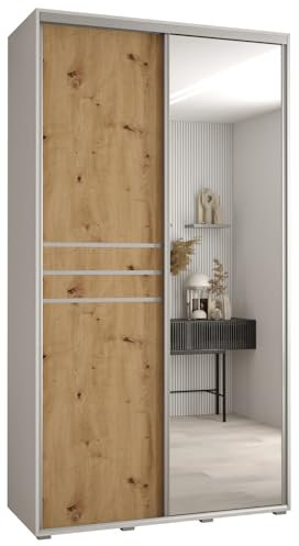 MEBLE KRYSPOL Davos 11 140 Schrank mit Zwei Schiebetüren für Schlafzimmer - Moderner Schrank mit Spiegel, Kleiderstange und Regalen - 235,2x140x60 cm - Weiß Artisan Silber