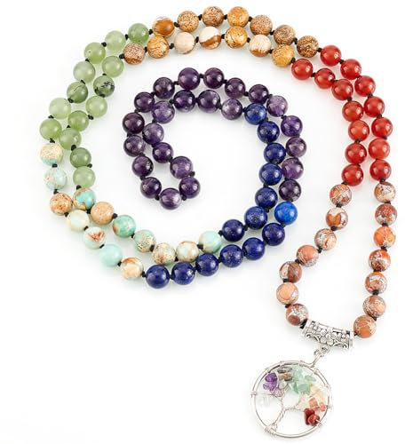 PH PandaHall Collier de 108 perles Mala 7 chakras, Collier Bracelet Enroulé de Perles 8mm, 1m Collier Pendentif Arbre de Vie en Pierre Naturelle Mélangée avec Chaîne de Perles Rondes, Bijoux de Yoga