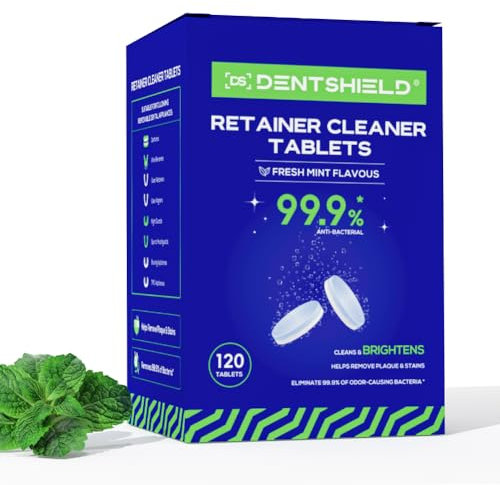 DENTSHIELD Pulitore Per Protesi 120 Compresse,Pulizia Bite Dentale Menta Fresca,Pulizia Profonda,Compresse per la pulizia dei fermi Fornitura di 4 mesi