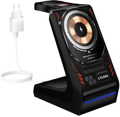 LTLIUU Stazione di ricarica wireless 3 in 1 per dispositivi Apple da 15 W, compatibile con iPhone 15 14 13 12 Pro/Max/Plus/Mini e AirPods Pro/3/2, per iWatch 9/8/7/6/SE/5/4/3/2, nero