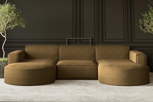 Kaiser Möbel, Sofa Modena, Designer u-Form Sofa, Modern Design Couch, Polsterecke, Freistehend, Verita Stoff Olive Breite: 299 cm