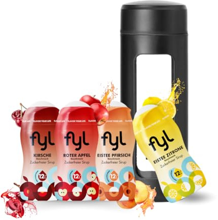 fyl Zuckerfreier Sirup Starterset 4 Geschmacksrichtungen für 48L Zero Getränk + 460ml Trinkflasche - enthält Vitamin-B-Komplex - Perfekter Durstlöscher für zu Hause und Unterwegs