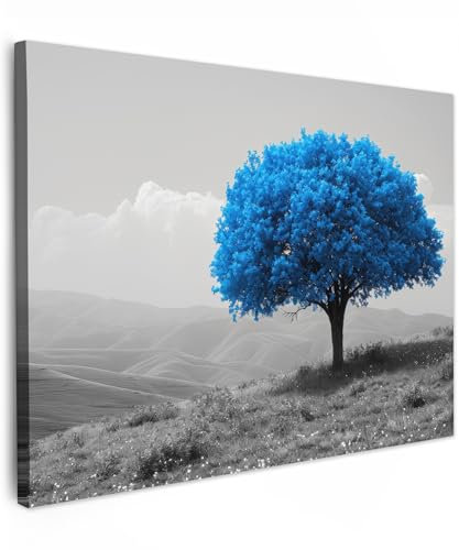 MuchoWow© Impression sur Toile Peinture 80x60 cm Tableau Mural Decoration Salon Reproductions de Tableaux Murale Moderne Arbre - Nature - Bleu - Noir et blanc