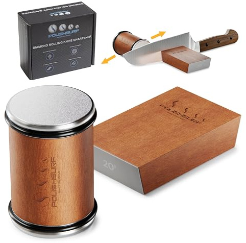 Rolling Knife Sharpener Kit for Kitchen – Chef Knife Sharpening Tool with 15° & 20° Magnetic Angle, Wooden Roller Base, Diamond Discs – Easy Manual Sharpener System