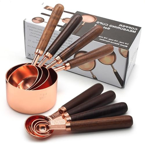 SHIKORI Gold Measuring Cups and Spoons Set with Wood Handles, Premium Stainless Steel Measuring Spoons and Measuring Cups Set-Rose Gold