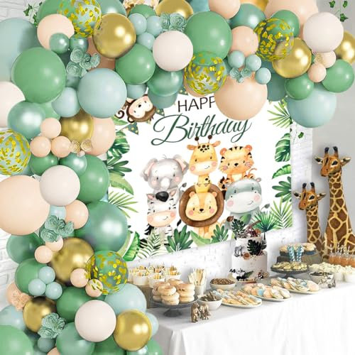 Grün Dschungel Geburtstag Deko, Waldtiere Geburtstag Deko mit Grün Gold Weiß Luftballon Girlande und Tier Hintergrund Tuch, Grün Gold Geburtstags Dekoration für Thema Dschungeltiere Geburtstags Party