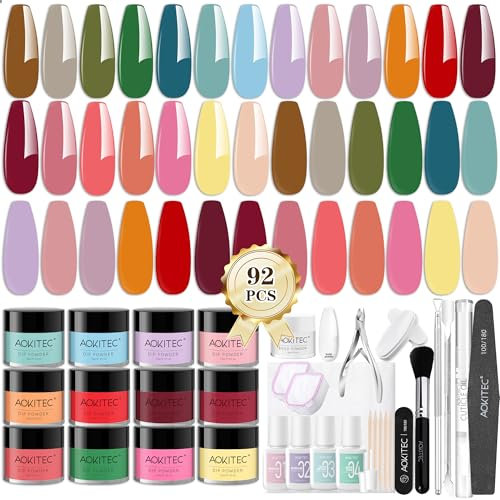 Aokitec 92 PCS Dip Powder Nail Kit Starter Set - 20 Colours Dipping Powder with Build Powder Dip Base/Activator/Top Coat/Brush Saver Nail Soaking Bowl Recycling Tray System Cuticle Oil for Manicure