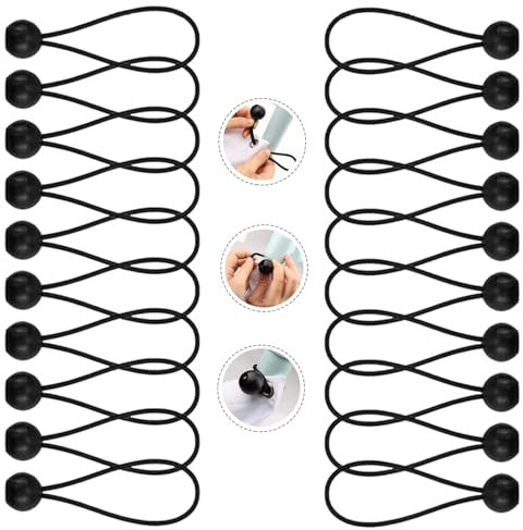 20 PCS Bungee Balls, Small Bungee Cords, Adjustable Tarpaulin Bungee Cords with Balls, Heavy Duty Tie-Down Elastic Cord for Tents, Flagpoles, Banners, Luggage (Black, 6 inches)