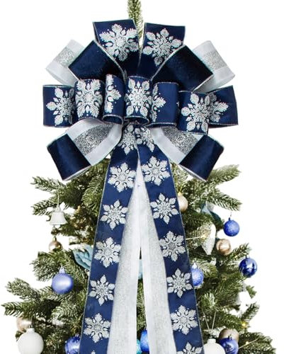 Joeoy Glitter Velvet Christmas Tree Topper Bow, 53x 13 Large Handmade Decorative Bows with Snowflake Wired Ribbon Long Streamer for Home Christmas Decoration, Navy Blue