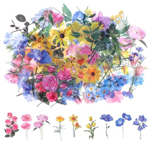 Nogeqi 120pcs Transparent Plant Sticker,PET Floral Stickers,Vintage Journaling Flower Decals,Vintage Clear Pressed Flower Stickers,Stickers Flowers for Adults,Decorating Cards(Yellow Pink Blue)