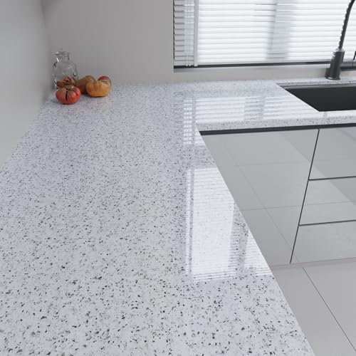 VaryFloral Pear White Granite Marble Self Adhesive Wallpaper 30cmx300cm Contact Paper Thickened Texture Stick on Wallpaper Worktop Vinyl Covering Glossy Vinyl Wrap for Furniture Cabinet Drawer Room