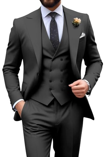 Mens Suit Slim Fit 3 Piece Double Breasted Suit Men Formal Tuxedo Set Casual Wedding Prom Groom Suits, 3pcs-dark Grey, S