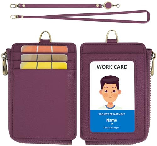Wason Porta badge in pelle con portafoglio tasca cerniera cordino da collo staccabile, cinturino da polso rimovibile tracolla e bobina retrattile carte multiuso per badge permesso (Viola)